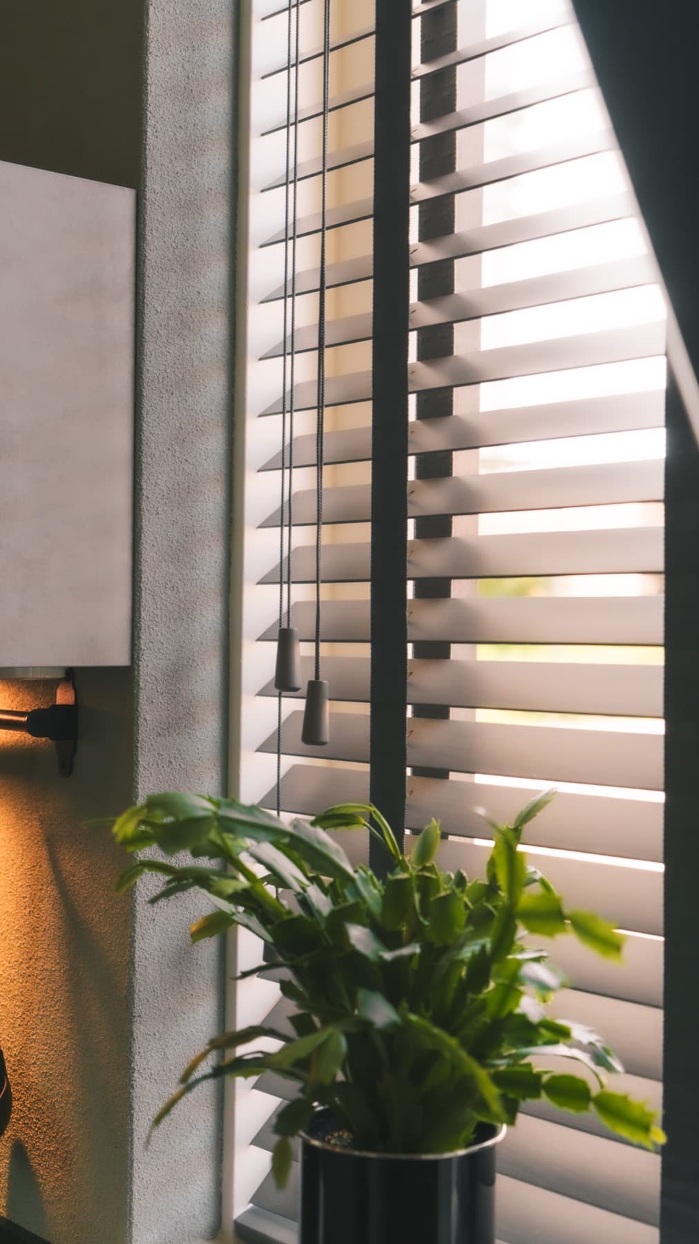 Houten jaloezieën in warm avondlicht met plant en wandlamp